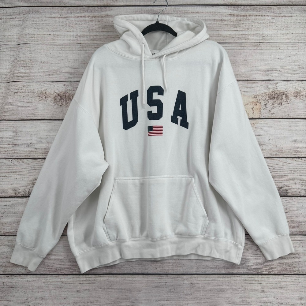 Audrey 3+1 Hoodie Women XL White USA Flag Graphic Oversized Pullover Sweatshirt